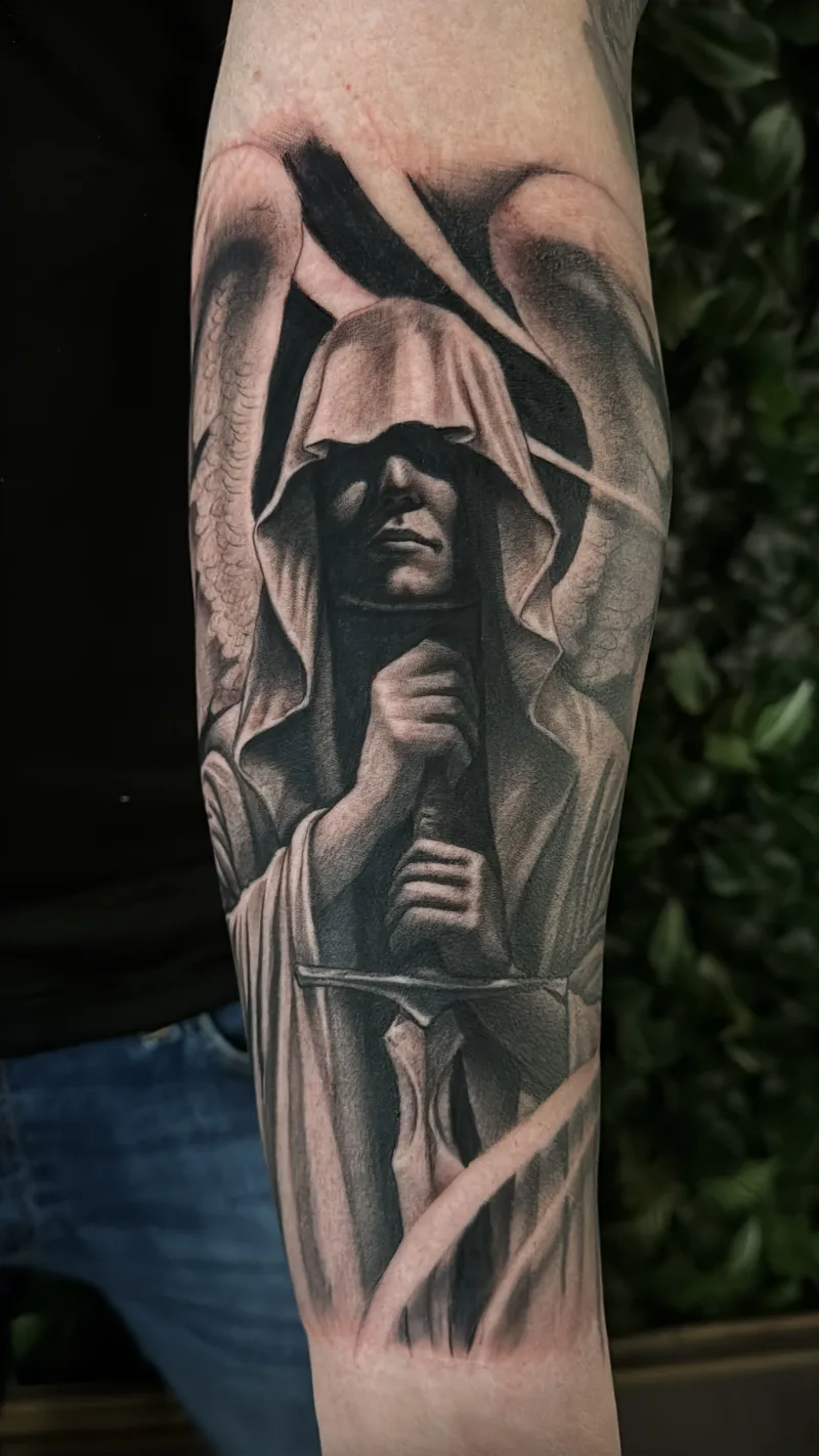 Small-scale black and grey tattoo by Juan Del Pino at Phantom Avenue, Edmonton