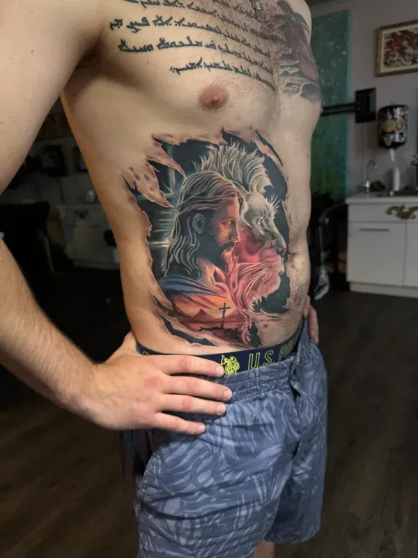 Expansive large-scale colour tattoo by Juan Del Pino at Phantom Avenue, Edmonton