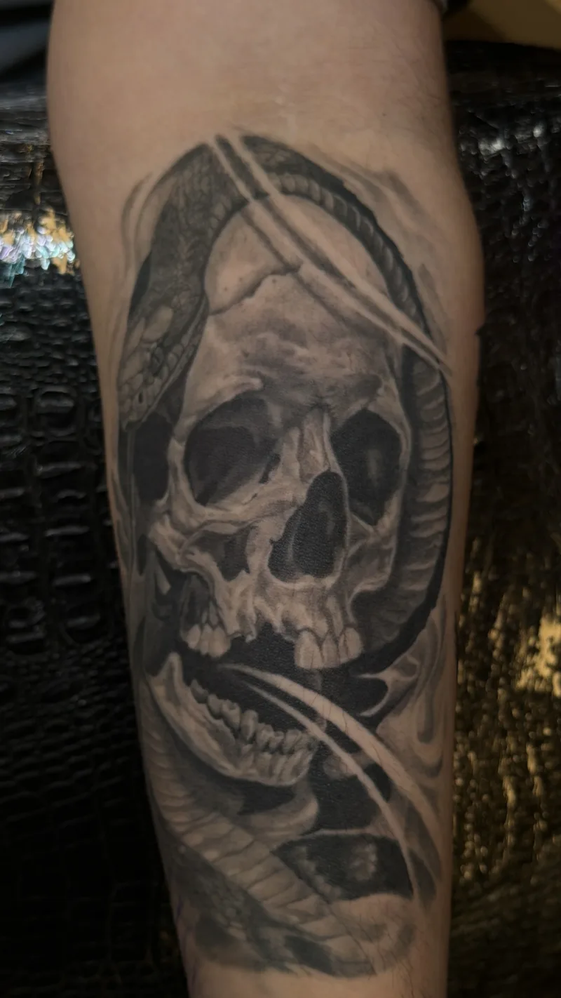 Black and grey custom tattoo by Juan Del Pino at Phantom Avenue, Edmonton