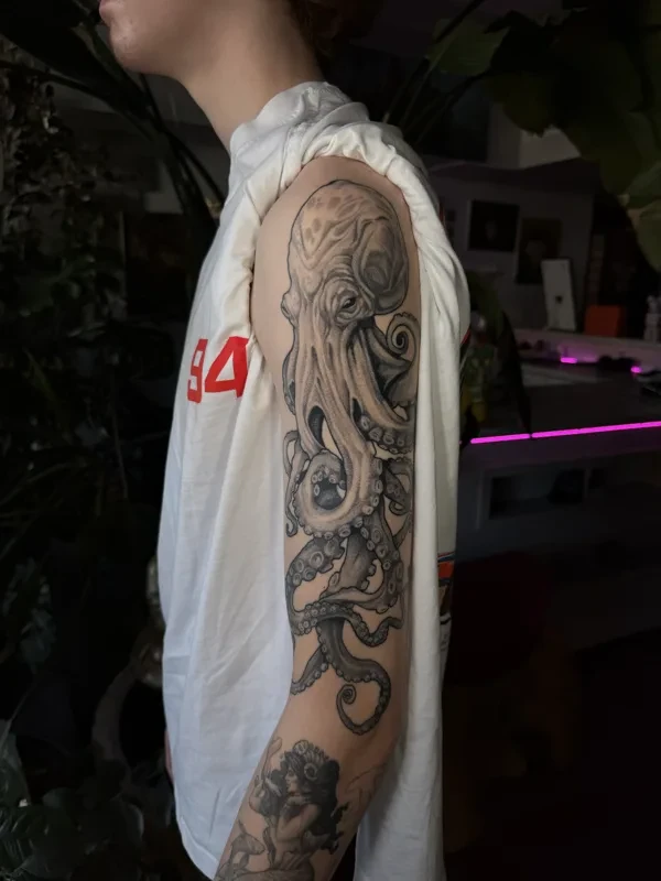 Large-scale black and grey tattoo by Juan Del Pino at Phantom Avenue, Edmonton